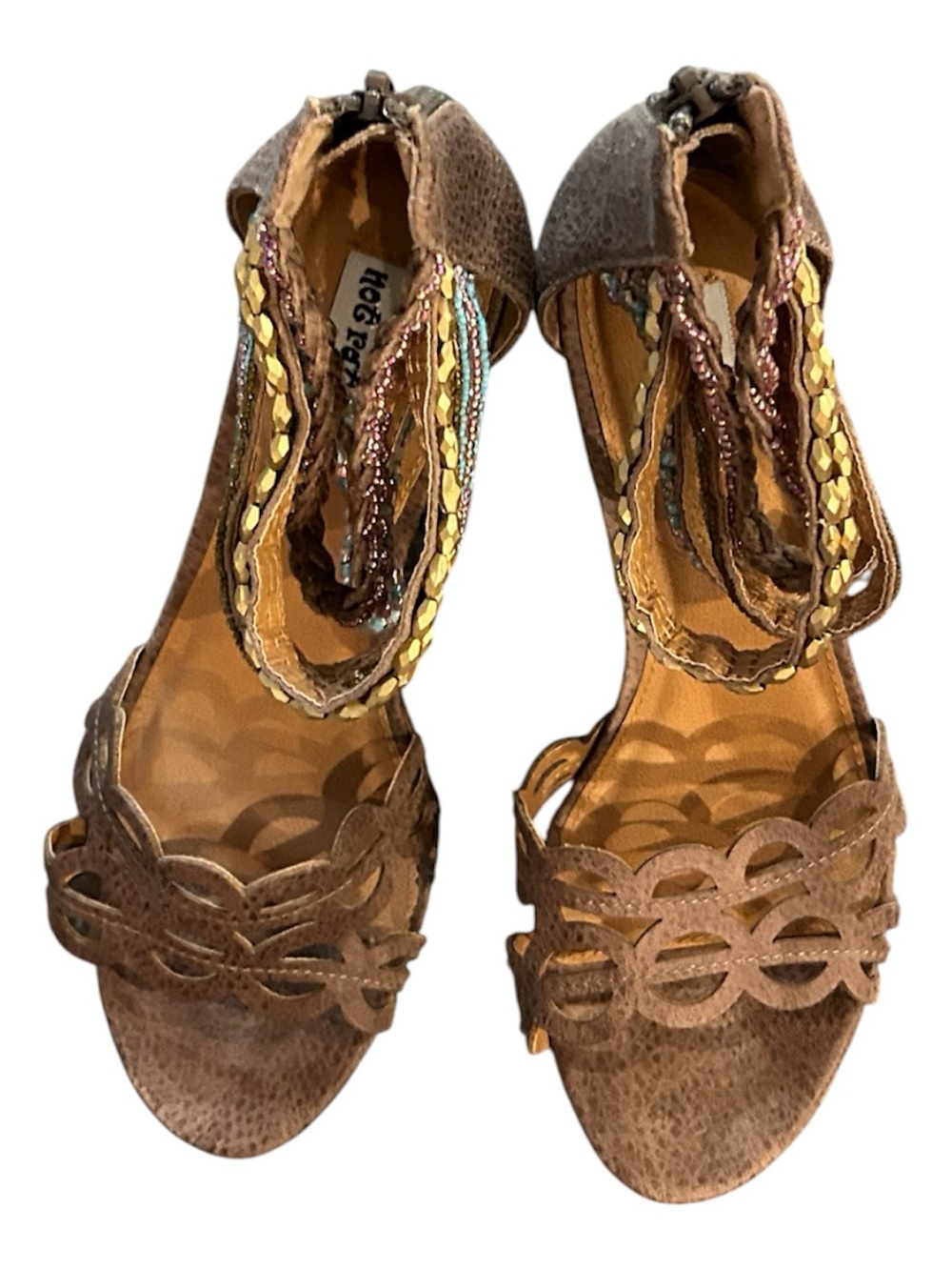 Steve Madden Tan Brown Suede Wedge Sandals with Beaded Fringe - Picture 2 of 6